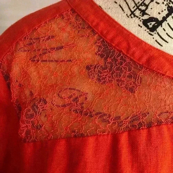 Madison Ladies Large Button Up Linen Blouse orange Lace Top and Back Roll Tab - Picture 4 of 5